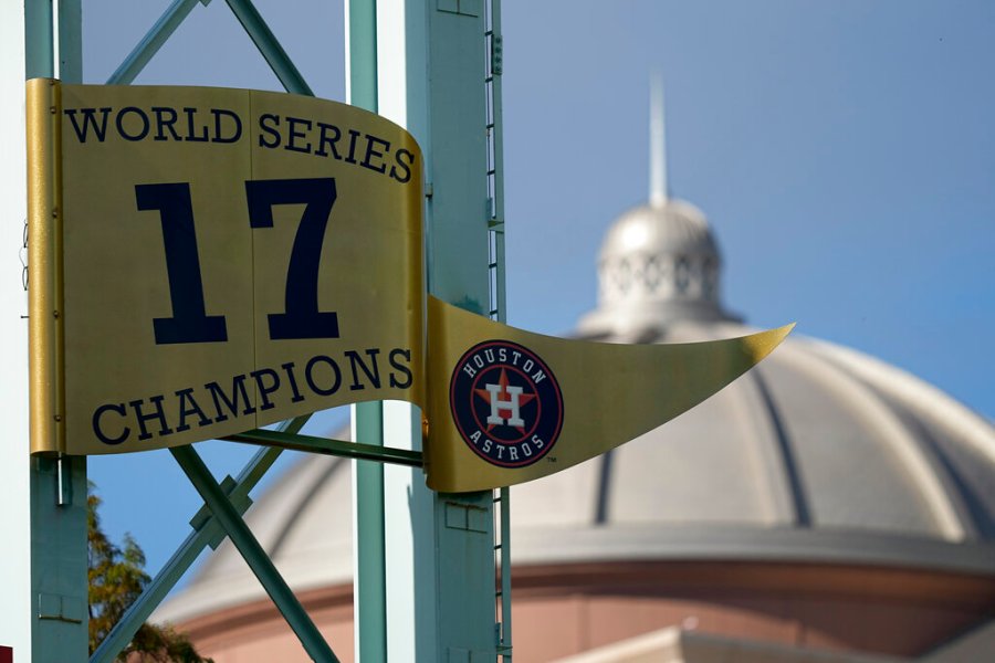 The Houston Astros World Series banner is seen Monday, Oct. 25, 2021, in Houston. (AP Photo/David J. Phillip)