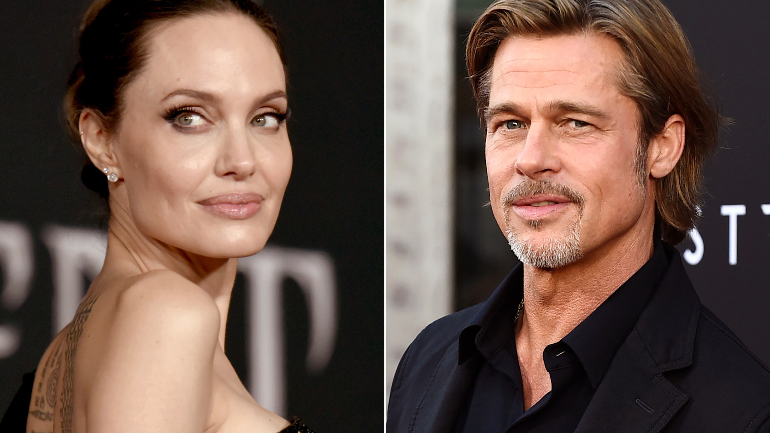 This file photo combination shows Angelina Jolie at a premiere in Los Angeles on Sept. 30, 2019, left, and Brad Pitt at a special screening on Sept. 18, 2019. (AP Photo/File)