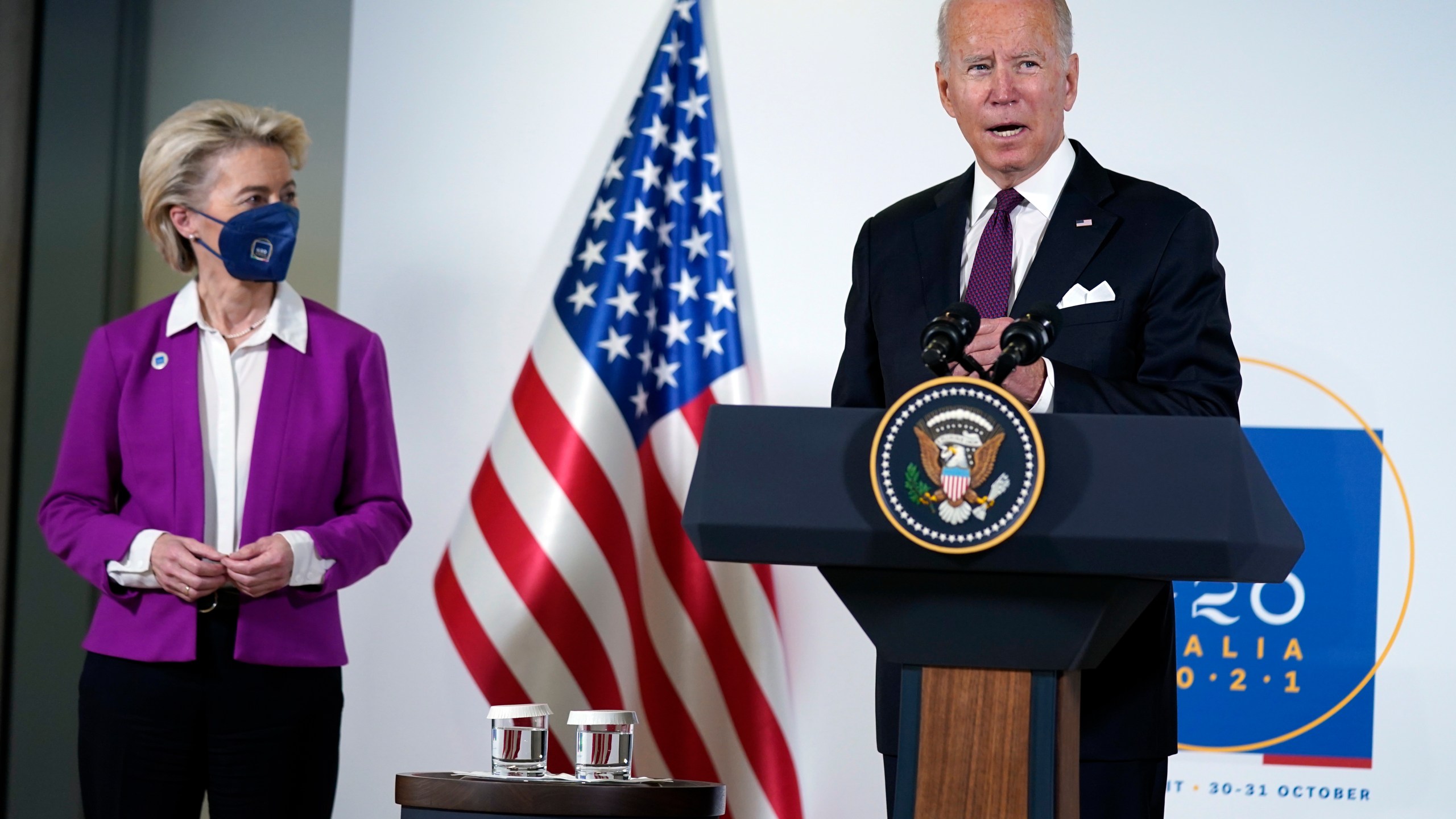 President Joe Biden and European Commission president Ursula von der Leyen talk to reporters about pausing the trade war over steel and aluminum tariffs during the G20 leaders summit, Sunday, Oct. 31, 2021, in Rome. (AP Photo/Evan Vucci)