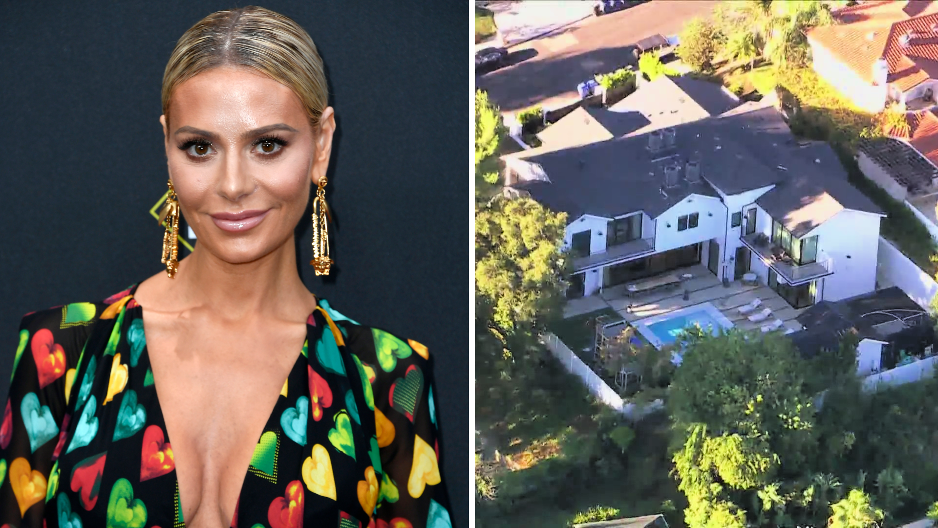 Dorit Kemsley attends an award ceremony on Nov. 10, 2019 in Santa Monica. (Frazer Harrison/Getty Images). On the right, an aerial view of the Encino home is seen on Oct. 28, 2021. (KTLA)