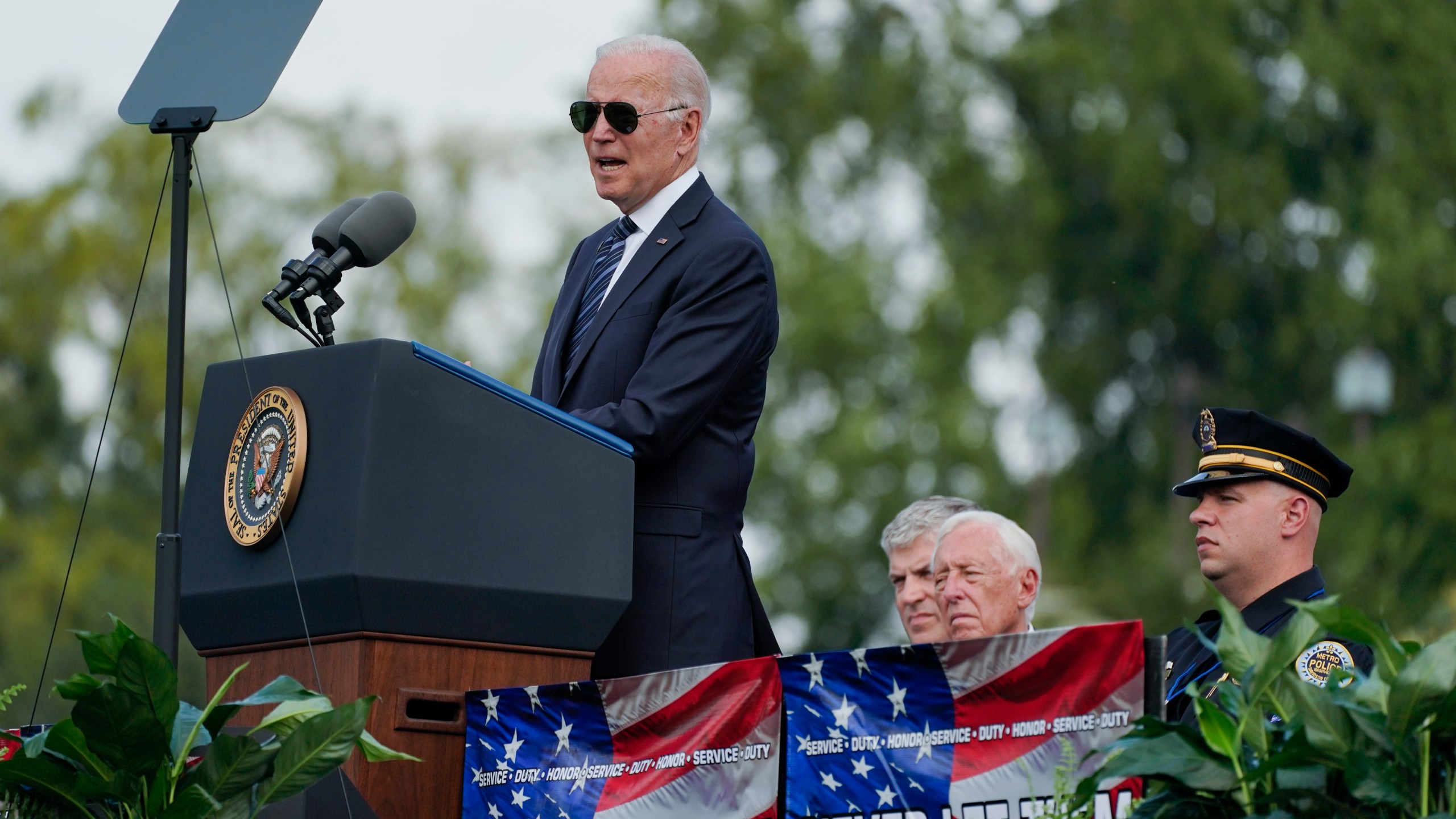 President Joe Biden speaks during a ceremony, honoring fallen law enforcement officers at the 40th annual National Peace Officers' Memorial Service at the U.S. Capitol in Washington, Saturday, Oct. 16, 2021. (AP Photo/Manuel Balce Ceneta)