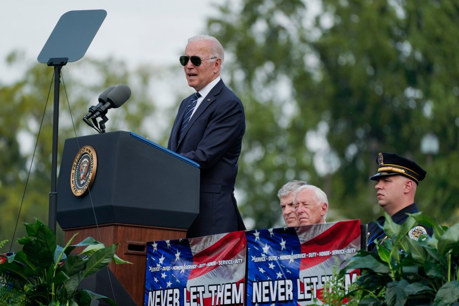 President Joe Biden speaks during a ceremony, honoring fallen law enforcement officers at the 40th annual National Peace Officers' Memorial Service at the U.S. Capitol in Washington, Saturday, Oct. 16, 2021. (AP Photo/Manuel Balce Ceneta)