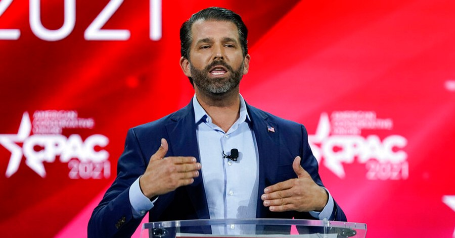 Donald Trump Jr., speaks at the Conservative Political Action Conference on Feb. 26, 2021, in Orlando, Fla. (AP Photo/John Raoux)