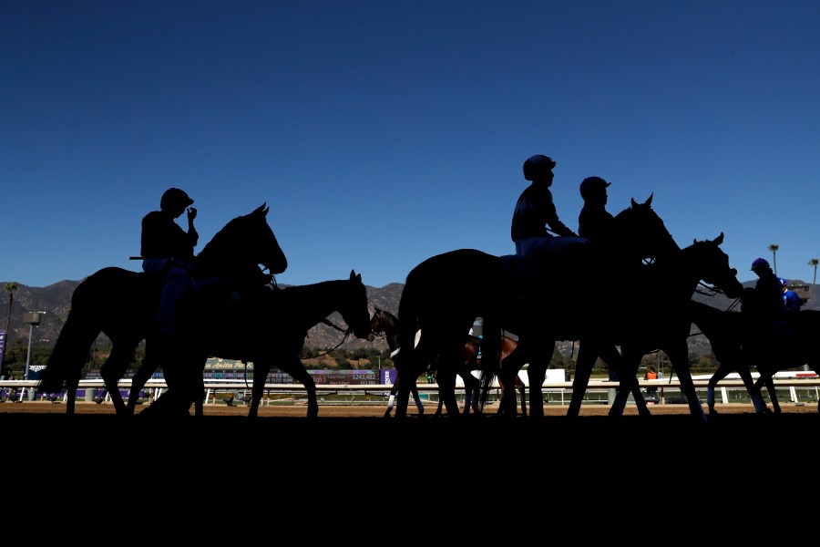 Jockeys enter the track prior to the Breeders Cup Juvenile Turf race of the Breeders Cup at Santa Anita Park in Arcadia on Nov. 1, 2019. (Sean M. Haffey / Getty Images)