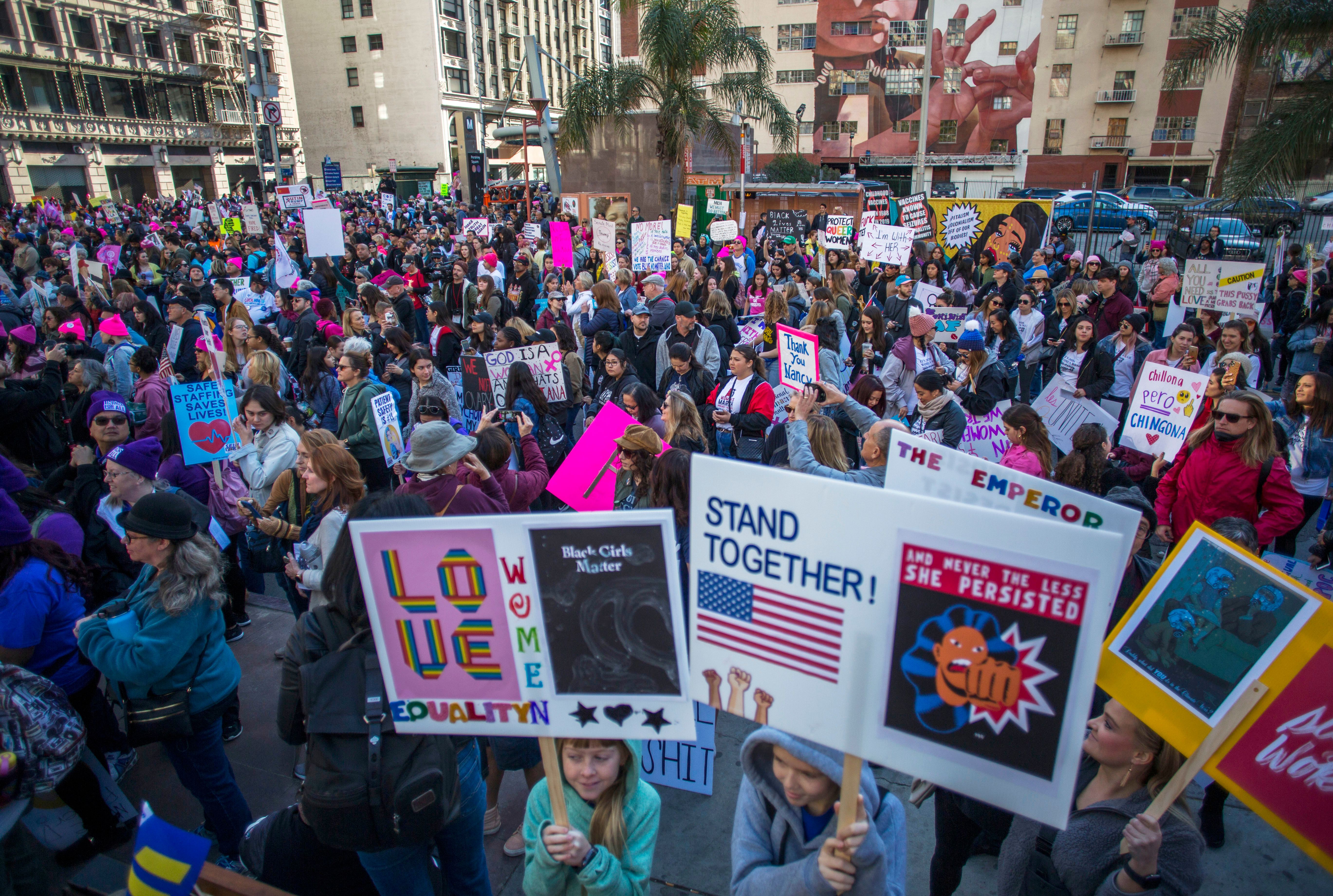 Marchers fill Pershing Sqaure during the Women's March on January 18, 2020 in Los Angeles, California. (Apu Gomes/AFP via Getty Images)