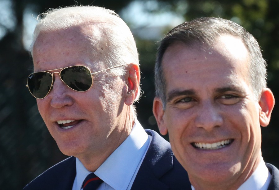 Los Angeles Mayor Eric Garcetti, right, was named in July as President Biden’s nominee for U.S. ambassador to India.(Mario Tama / Getty Images)