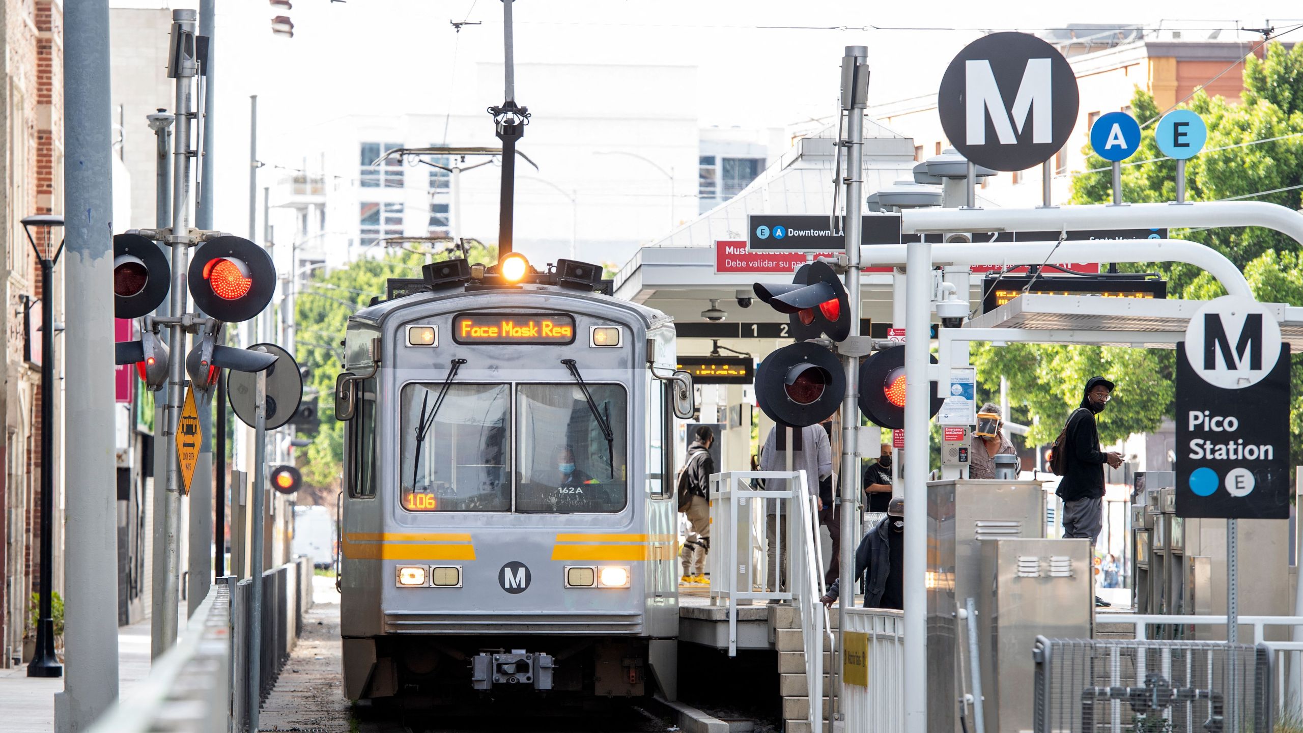 A Metro line train in the downtown area on March 8, 2021 in Los Angeles, California. (Photo by VALERIE MACON / AFP) (Photo by VALERIE MACON/AFP via Getty Images)