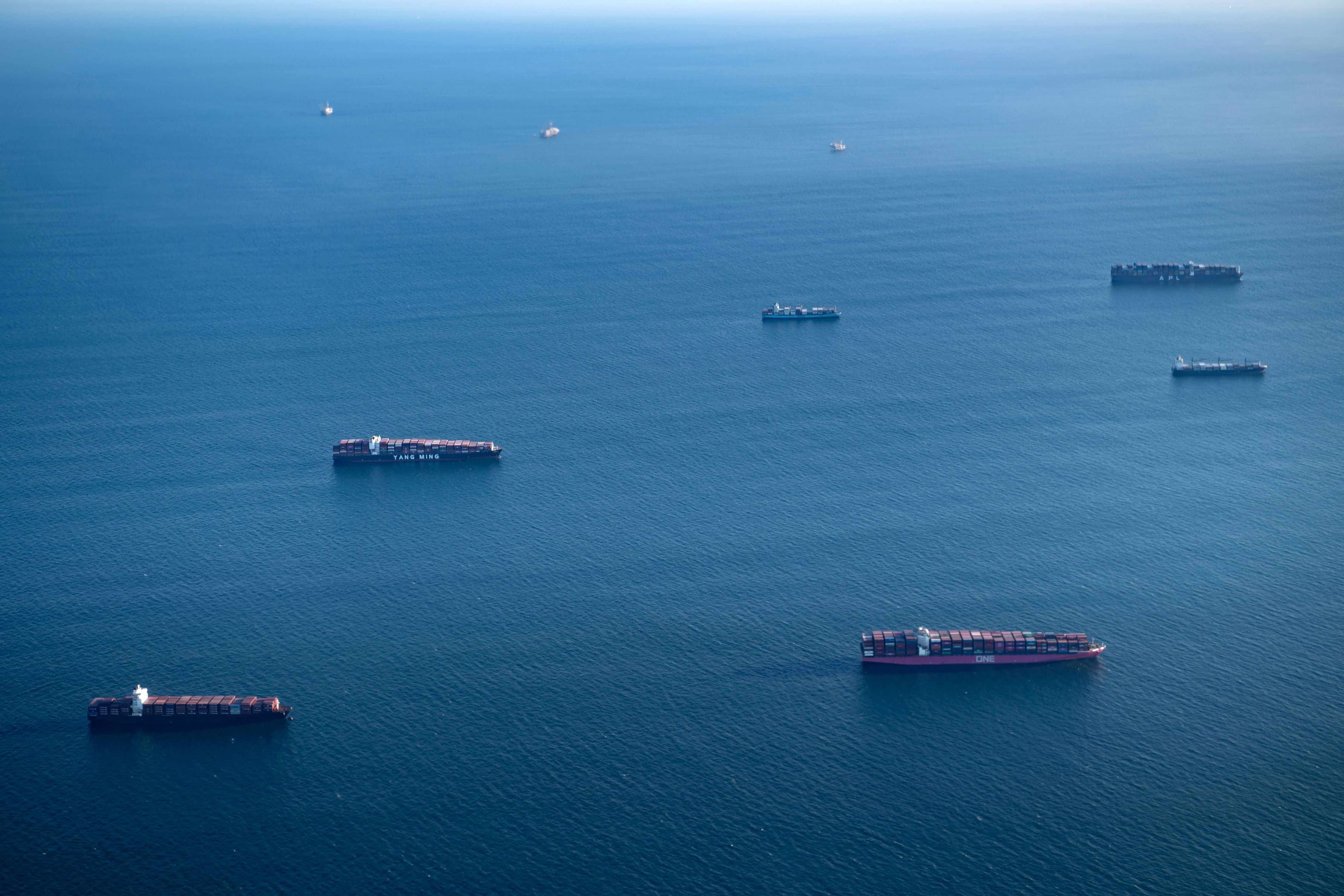 Cargo ships are seen of the port of Long Beach on Sept. 13, 2021, (BRENDAN SMIALOWSKI/AFP via Getty Images)