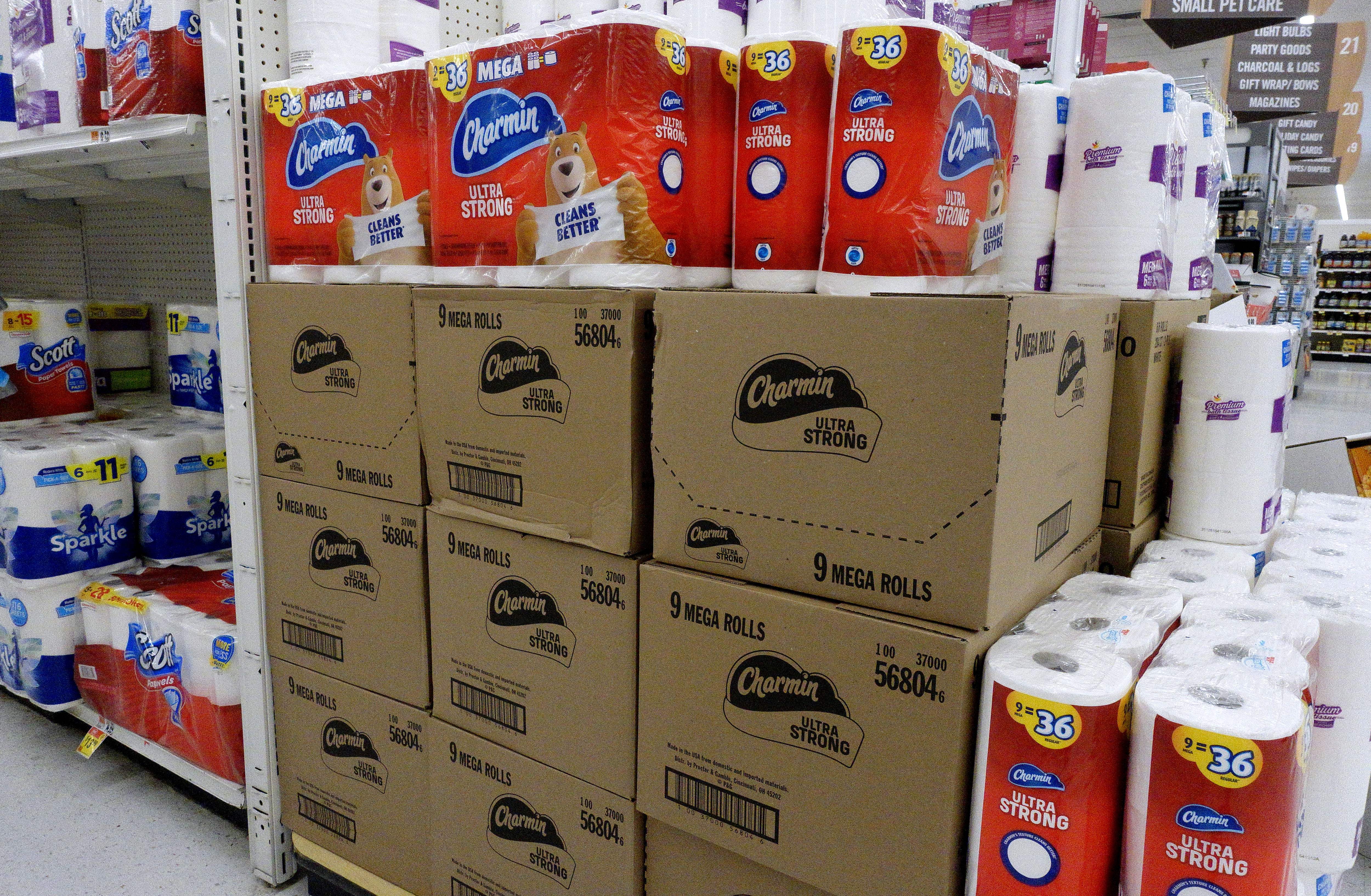 Charmin Ultra Strong toilet paper is on display on a supermarket shelf on Oct. 15, 2021. (OLIVIER DOULIERY/AFP via Getty Images)