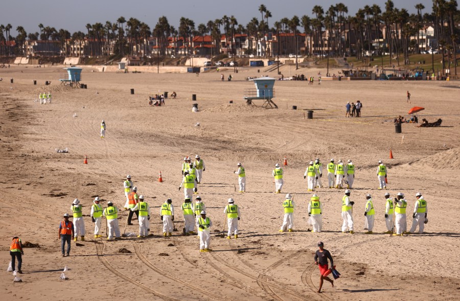 Cleanup workers search for contaminated sand and seaweed on a mostly empty Huntington Beach about one week after an oil spill from an offshore oil platform on Oct. 9, 2021. (Mario Tama/Getty Images)