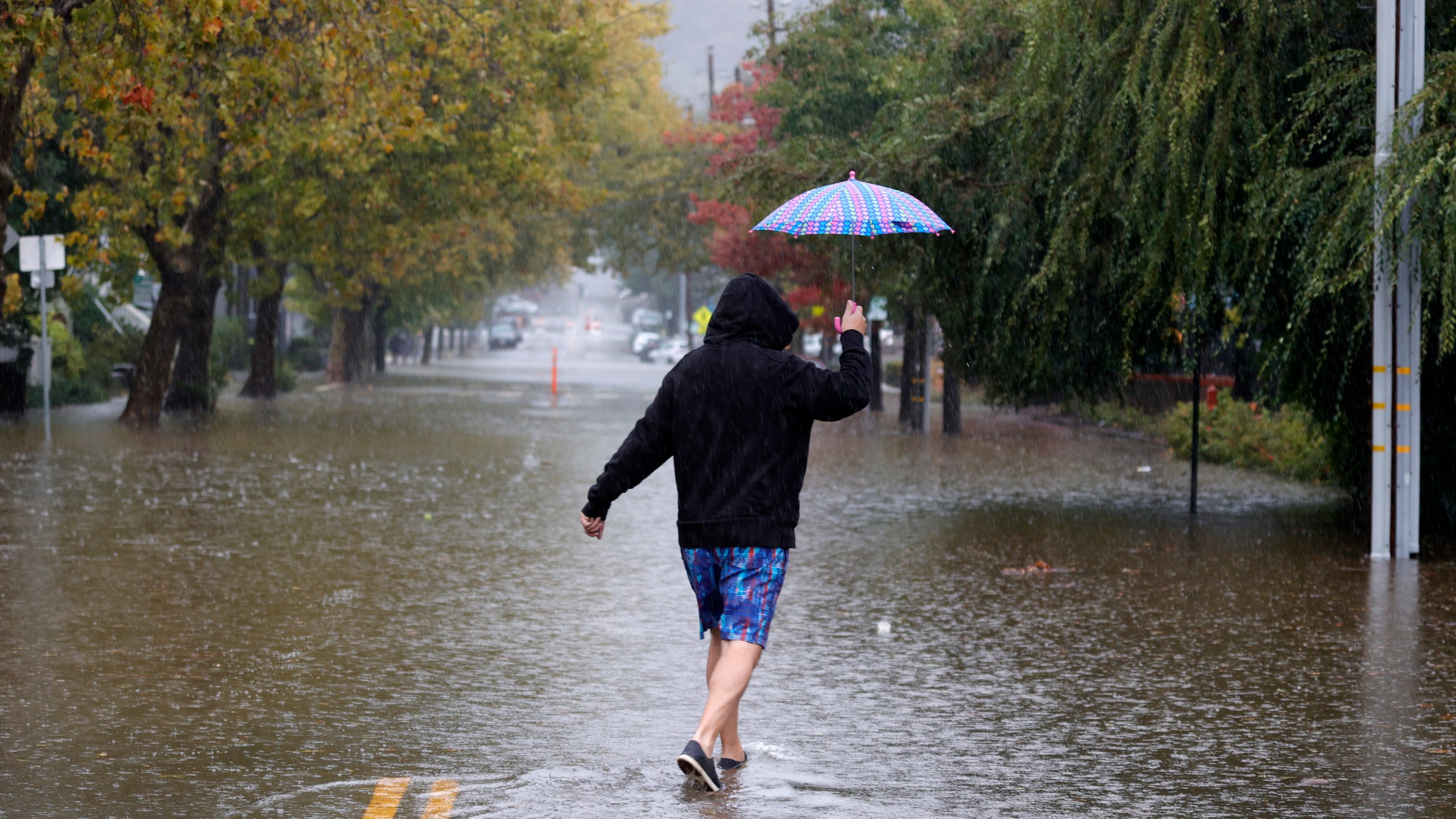 A pedestrian carries an umbrella as he walks on a flooded street on Oct. 24, 2021 in San Rafael. (Justin Sullivan/Getty Images)