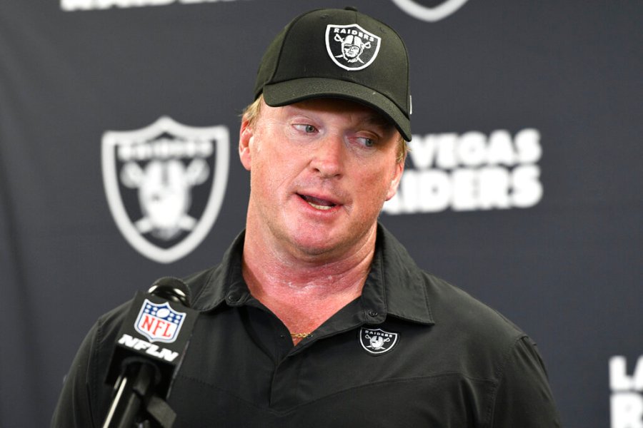 In this Sept. 19, 2021, file photo, Las Vegas Raiders head coach Jon Gruden meets with the media following an NFL football game against the Pittsburgh Steelers in Pittsburgh. (AP Photo/Don Wright, File)