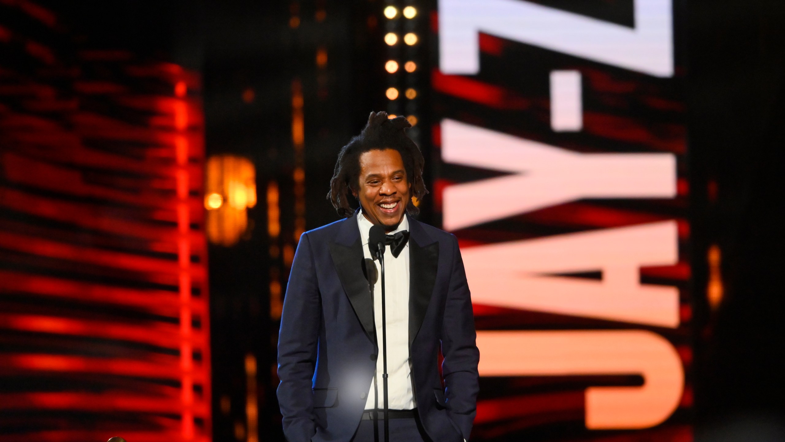 Jay-Z speaks during the Rock and Roll Hall of Fame induction ceremony, Saturday, Oct. 30, 2021, in Cleveland. (AP Photo/David Richard)