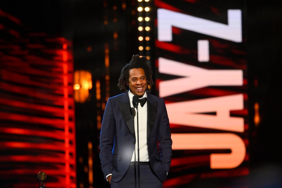 Jay-Z speaks during the Rock and Roll Hall of Fame induction ceremony, Saturday, Oct. 30, 2021, in Cleveland. (AP Photo/David Richard)