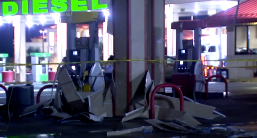 Damage is seen at a gas station in Oklahoma after several reported tornadoes ripped through the area, causing damage on Oct. 11, 2021. (KWTV via Associated Press)