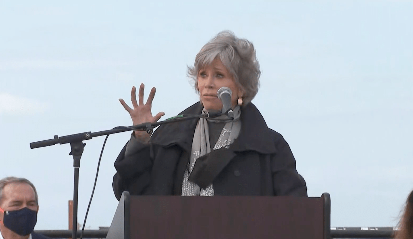 Jane Fonda appeared at a press conference in Laguna Beach on Oct. 18, 2021. (KTLA)