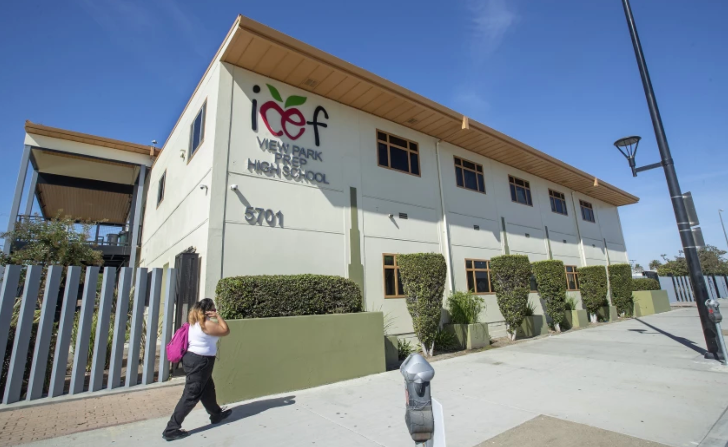 View Park Preparatory High School on Crenshaw Boulevard became the first L.A. County K-12 campus this fall to switch back — briefly — to remote learning because of a cluster of coronavirus infections.(Mel Melcon / Los Angeles Times)