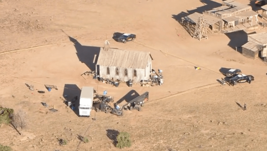 An aerial image of the church at Bonanza Creek Ranch, near Santa Fe, New Mexico is seen on Oct. 21, 2021, after Alec Baldwin fatally shot a woman with a prop gun. (KRQE)