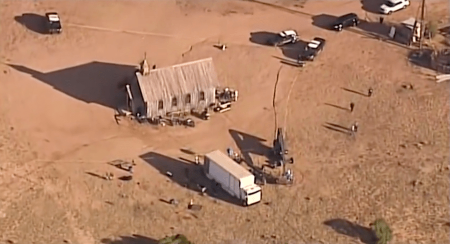 An aerial image of the church at Bonanza Creek Ranch, near Santa Fe, New Mexico is seen in October 2021. (Associated Press)