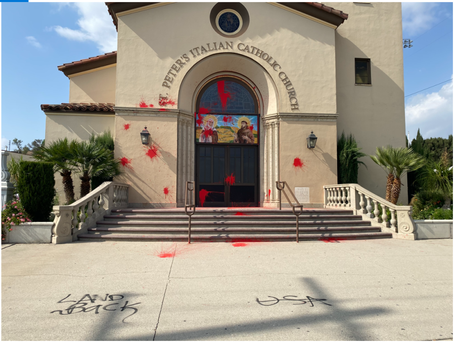 Vandalism at St. Peter's Italian Catholic Church in downtown Los Angeles is seen in a photo released by the Archdiocese of Los Angeles.