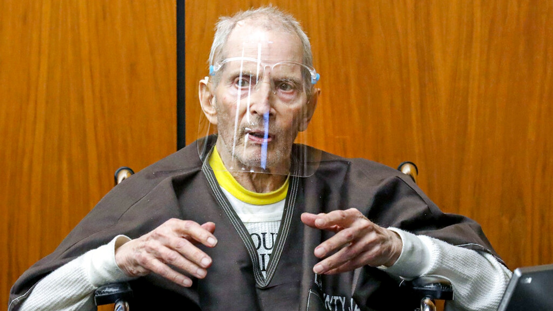 In this Monday, Aug. 9, 2021, file photo, New York real estate scion Robert Durst, 78, answers questions at the Inglewood Courthouse. (Gary Coronado/Los Angeles Times via AP, Pool, File)