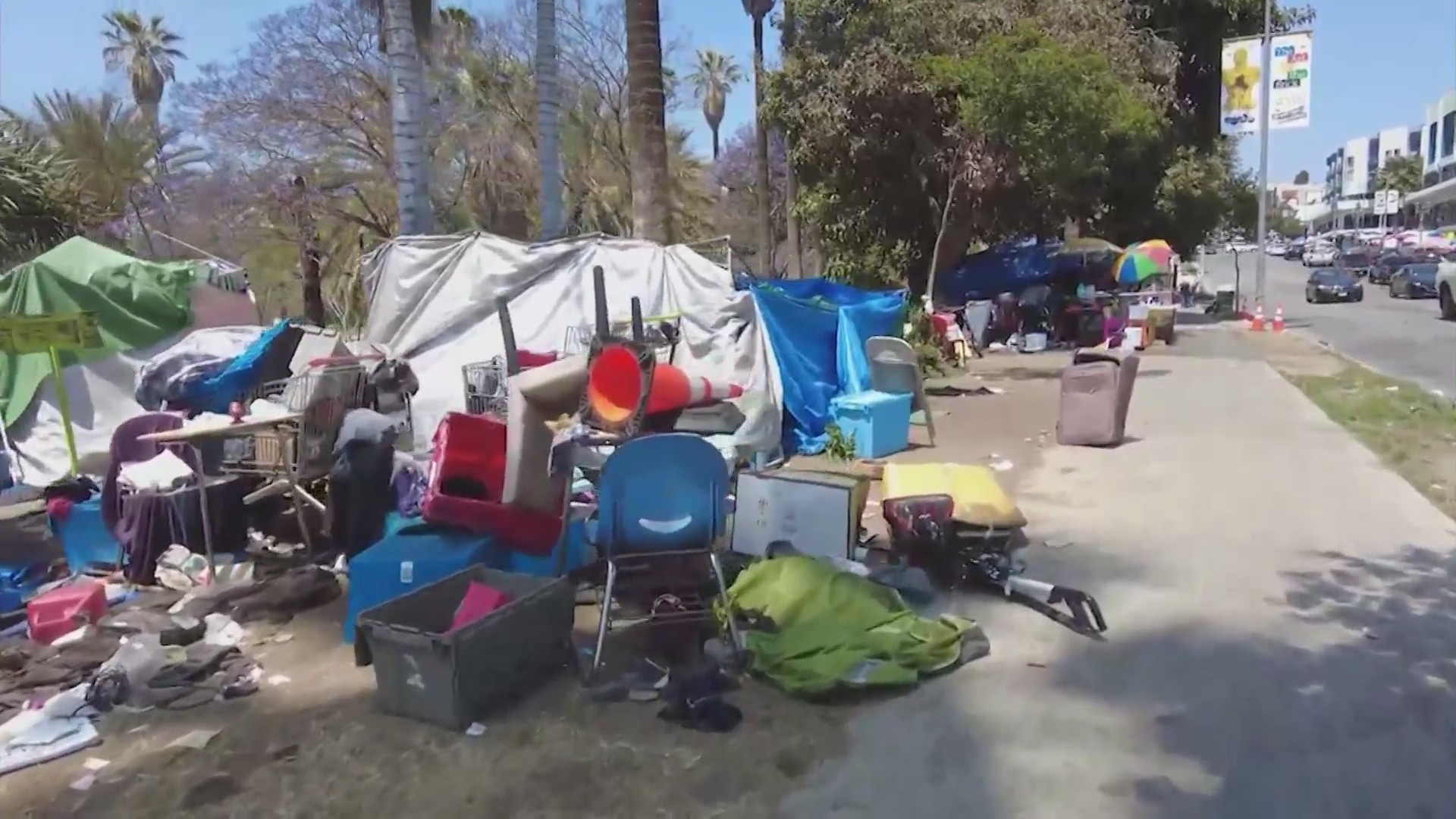 Items from a homeless encampment are seen near MacArthur Park in this undated file image. (KTLA)