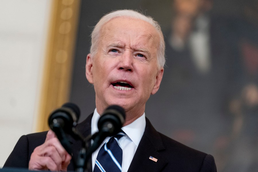 President Joe Biden speaks in the State Dining Room at the White House, Thursday, Sept. 9, 2021, in Washington. Biden is announcing sweeping new federal vaccine requirements affecting as many as 100 million Americans in an all-out effort to increase COVID-19 vaccinations and curb the surging delta variant. (AP Photo/Andrew Harnik)