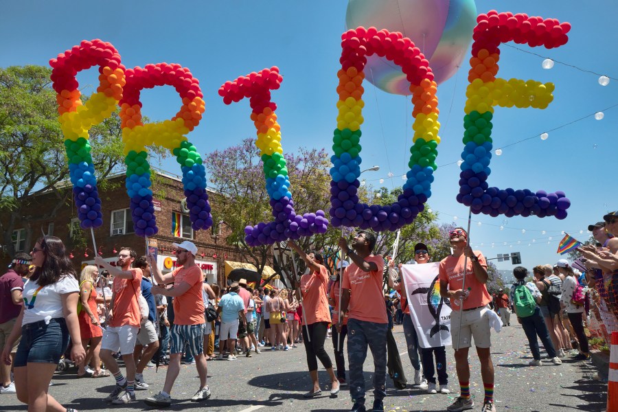 This June 9, 2019, file photo shows participants in the 49th annual Los Angeles Pride Parade in West Hollywood. (AP Photo/Richard Vogel, File)