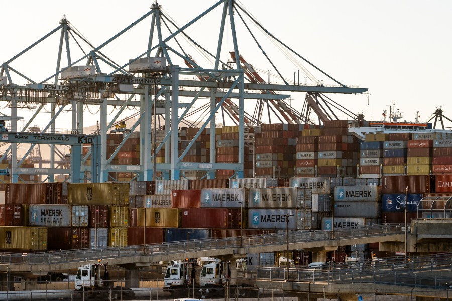 In this Tuesday, Oct. 19, 2021, photo shipping containers are stacked up at Maersk APM Terminals Pacific at the Port of Los Angeles. California Gov, Gavin Newsom on Wednesday, Oct. 20, issued an order that aims to ease bottlenecks at the ports of Los Angeles and Long Beach that have spilled over into neighborhoods where cargo trucks are clogging residential streets. (AP Photo/Damian Dovarganes)