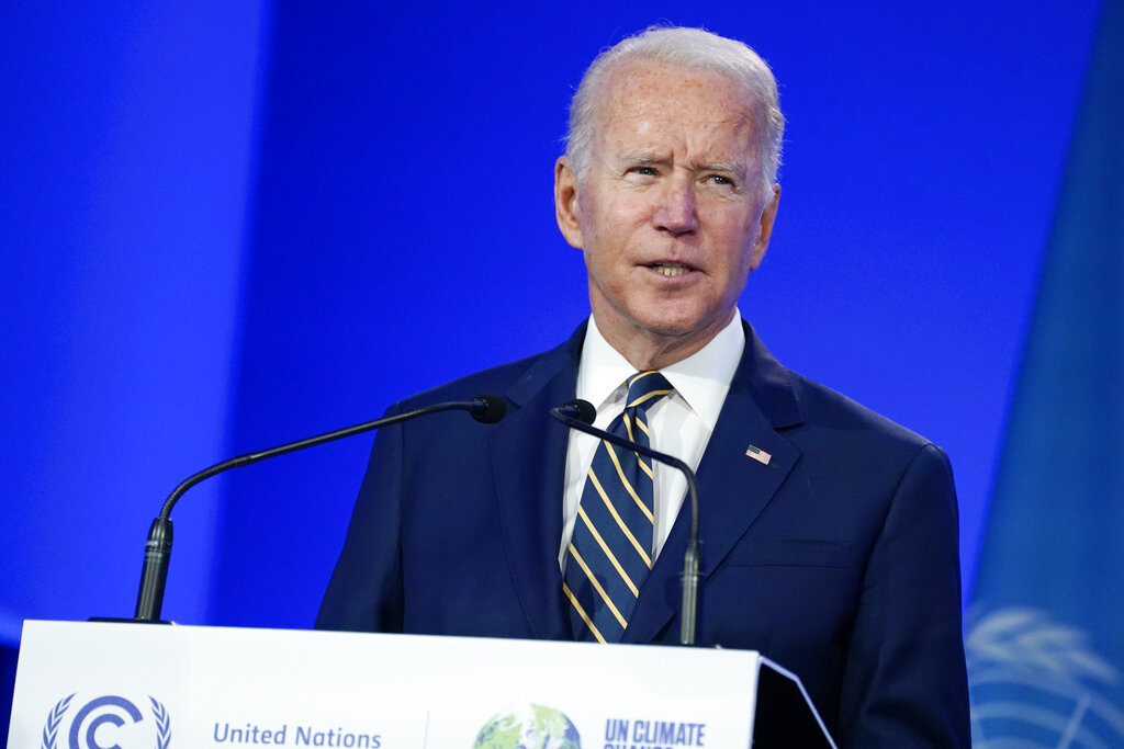 President Joe Biden speaks during the COP26 U.N. Climate Summit, Monday, Nov. 1, 2021, in Glasgow, Scotland. (AP Photo/Evan Vucci, Pool)