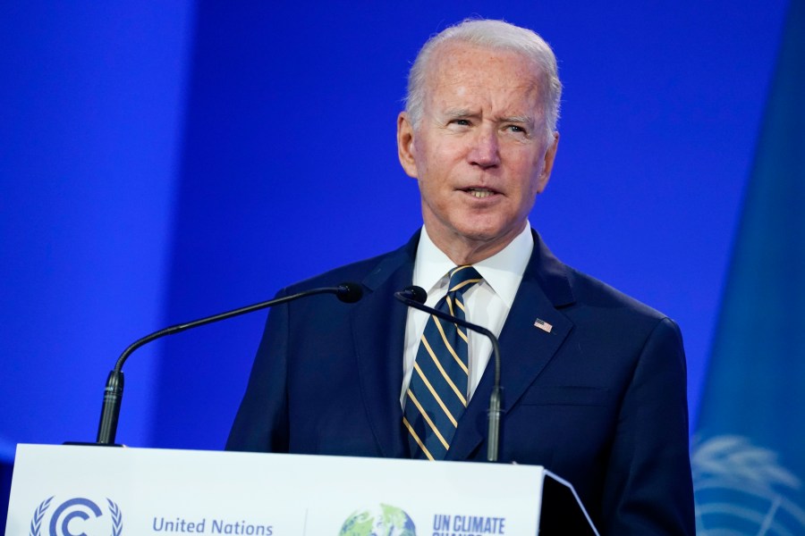 President Joe Biden speaks during the COP26 U.N. Climate Summit, Monday, Nov. 1, 2021, in Glasgow, Scotland. (AP Photo/Evan Vucci, Pool)