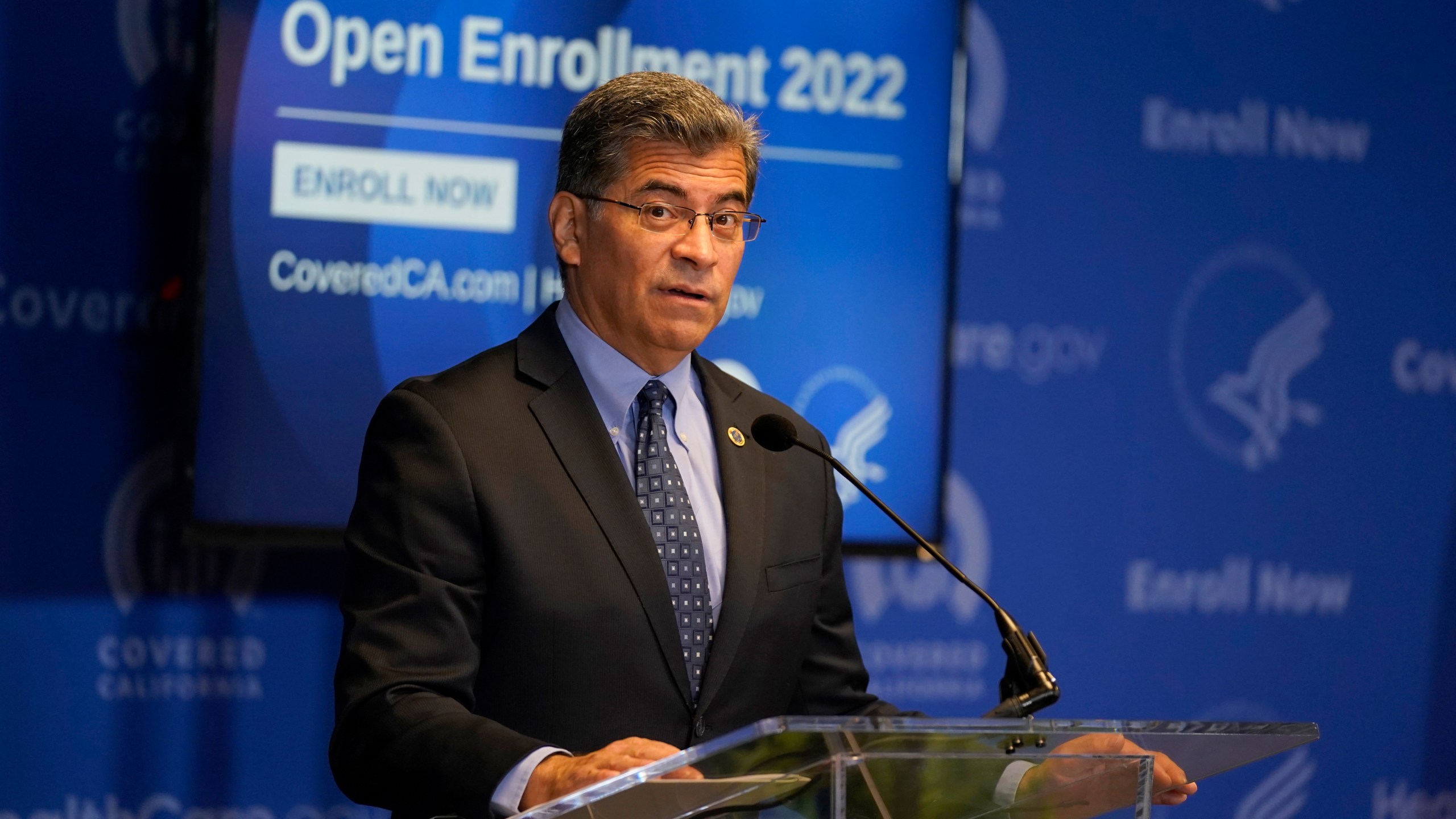 U.S. Health and Human Services Secretary Xavier Becerra discusses the opening of the enrollment period of the nation's largest state-run health insurance marketplace, Covered California, during a news conference in Sacramento, Calif., Monday, Nov. 1, 2021. The open enrollment period for Covered California, which sells individual health insurance plans to people who can't get coverage through their jobs, begins Monday and runs through the end of January 2022. (AP Photo/Rich Pedroncelli)