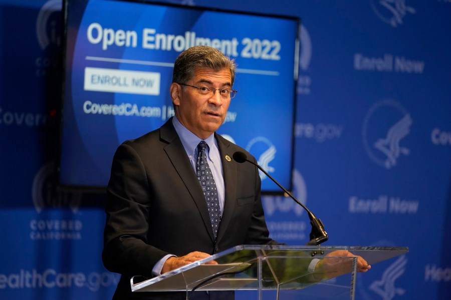 U.S. Health and Human Services Secretary Xavier Becerra discusses the opening of the enrollment period of the nation's largest state-run health insurance marketplace, Covered California, during a news conference in Sacramento, Calif., Monday, Nov. 1, 2021. The open enrollment period for Covered California, which sells individual health insurance plans to people who can't get coverage through their jobs, begins Monday and runs through the end of January 2022. (AP Photo/Rich Pedroncelli)