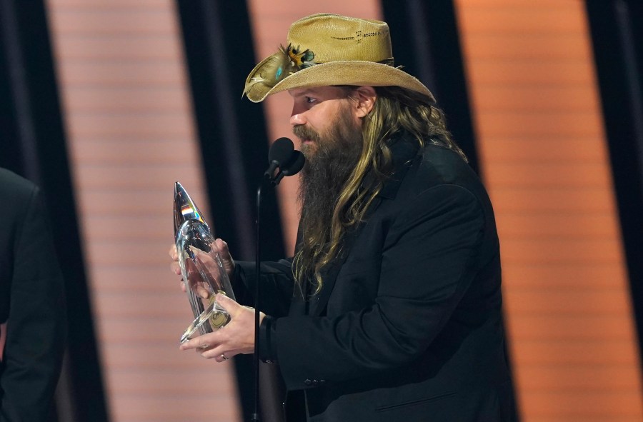 Chris Stapleton accepts the award for single of the year for "Starting Over" at the 55th annual CMA Awards on Nov. 10, 2021, at the Bridgestone Arena in Nashville, Tenn. (AP Photo/Mark Humphrey)