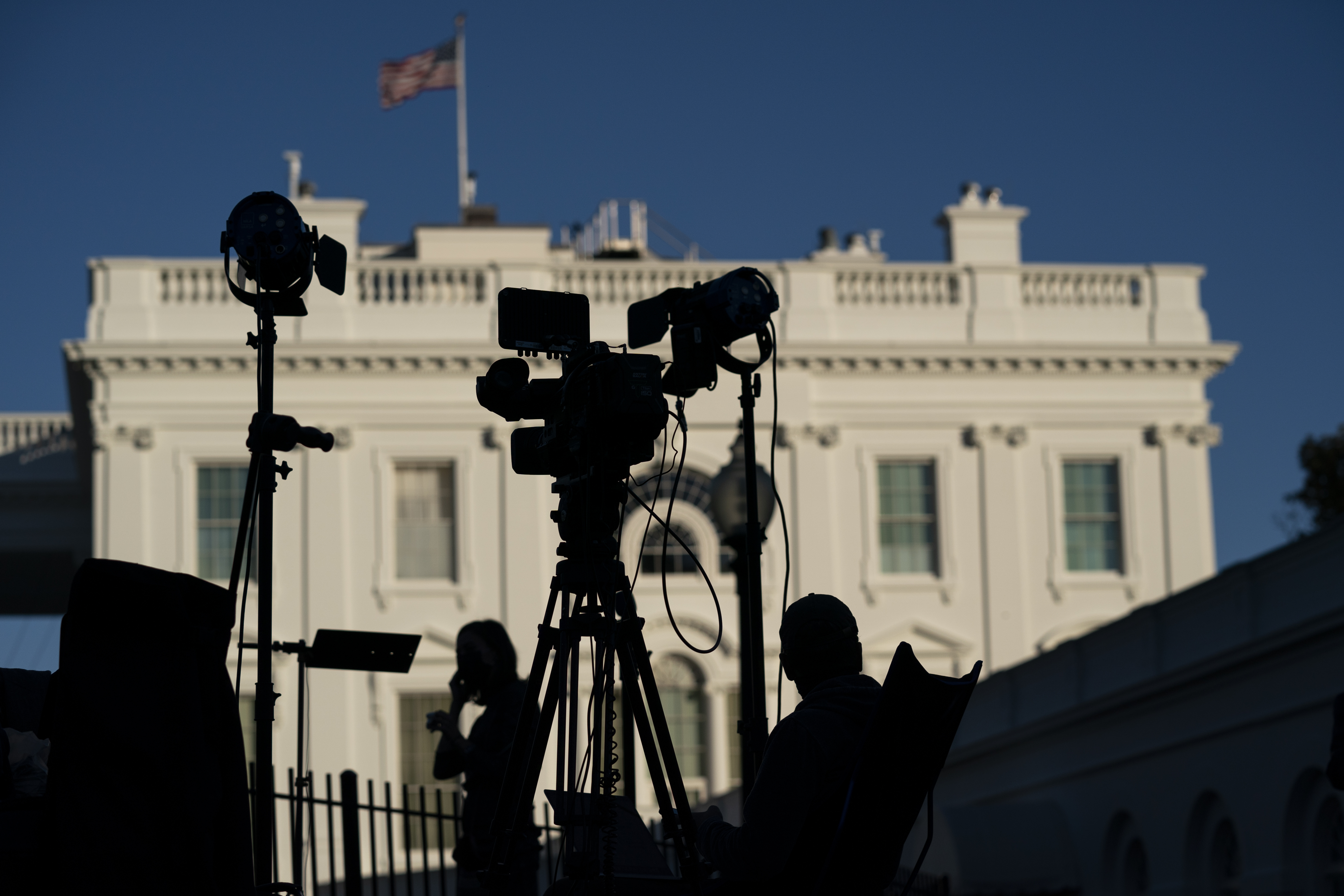 Journalists gather outside the White House in Washington on Nov. 4, 2020. (AP Photo/Evan Vucci, File)