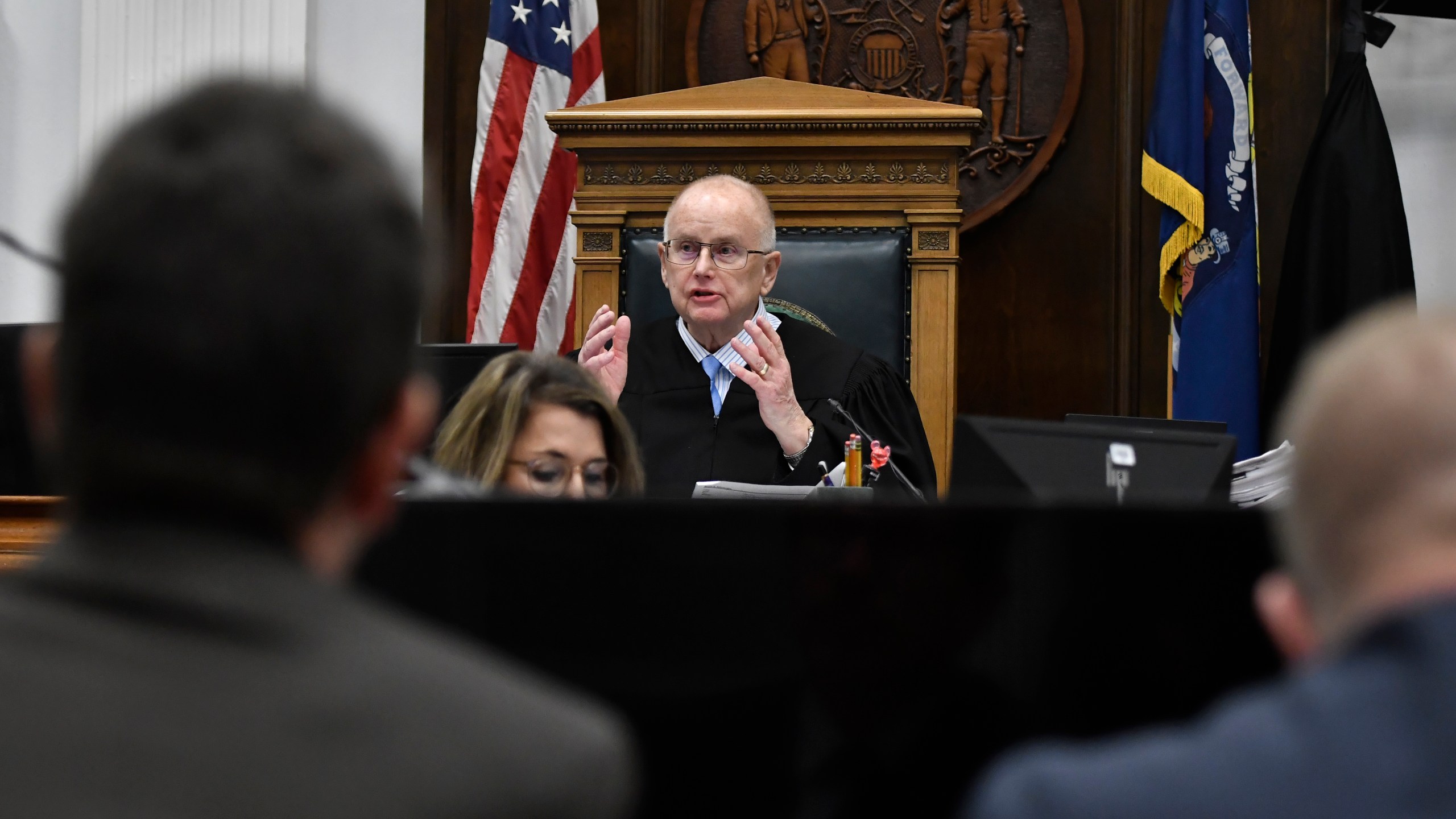 Judge Bruce Schroeder speaks to the attorneys about how the jury will view evidence as they deliberate during Kyle Rittenhouse's trial at the Kenosha County Courthouse in Kenosha, Wis., on Nov. 17, 2021. (Sean Krajacic/The Kenosha News via AP, Pool)