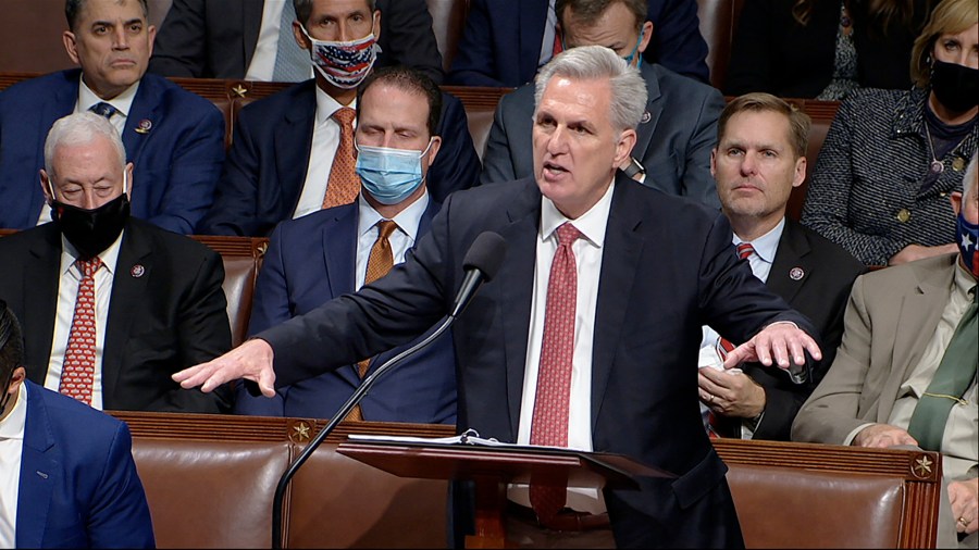 In this image from House Television, House Minority Leader Kevin McCarthy of Calif., speaks on the House floor during debate on the Democrats' expansive social and environment bill at the U.S. Capitol on Thursday, Nov. 18, 2021, in Washington. (House Television via AP)