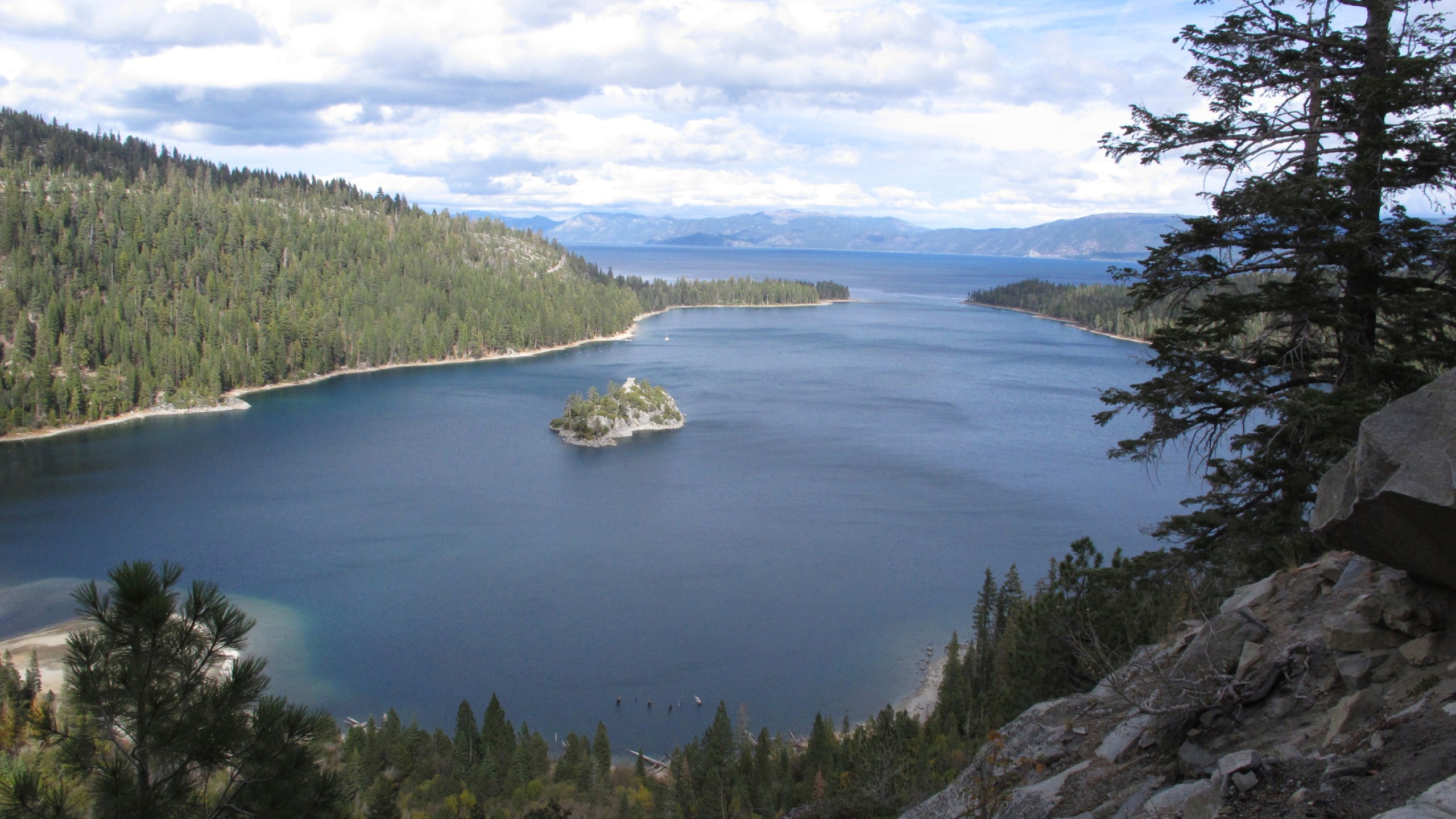 This photo taken Oct. 20, 2021, shows Emerald Bay's mouth to Lake Tahoe, where a submerged telephone cable was abandoned decades ago. (AP Photo/Scott Sonner)