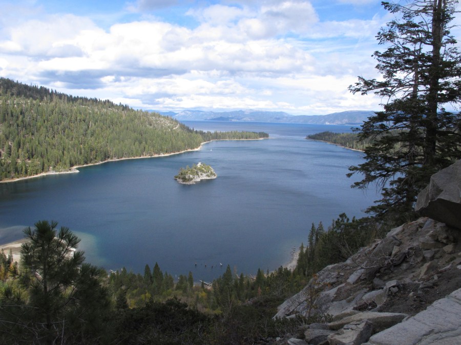 This photo taken Oct. 20, 2021, shows Emerald Bay's mouth to Lake Tahoe, where a submerged telephone cable was abandoned decades ago. (AP Photo/Scott Sonner)