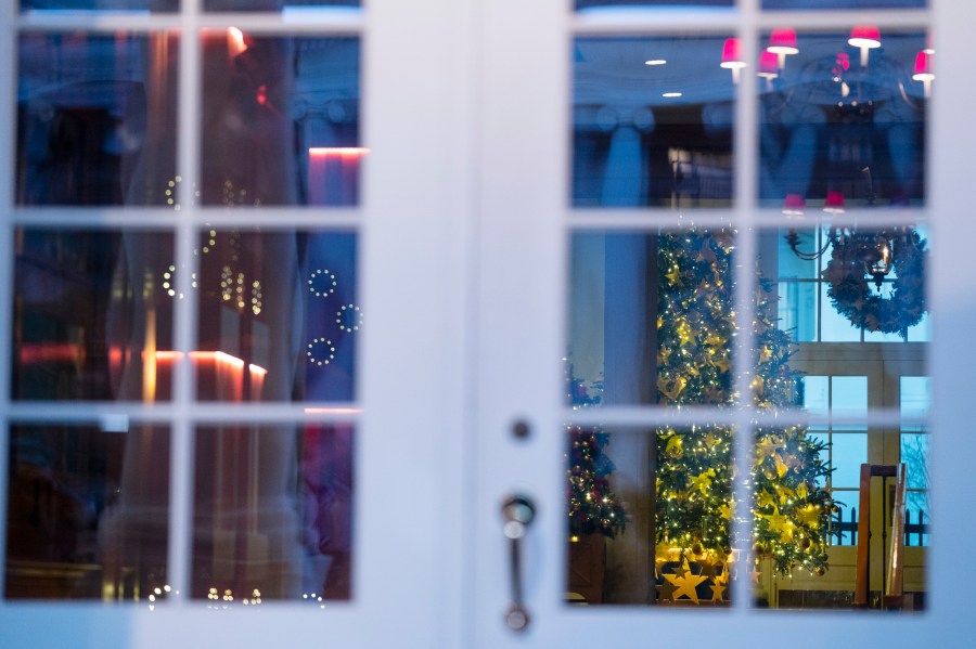 A look at the entrance to the East Wing of the White House during a preview of the White House holiday decorations, Monday, Nov. 29, 2021, in Washington. (AP Photo/Evan Vucci)