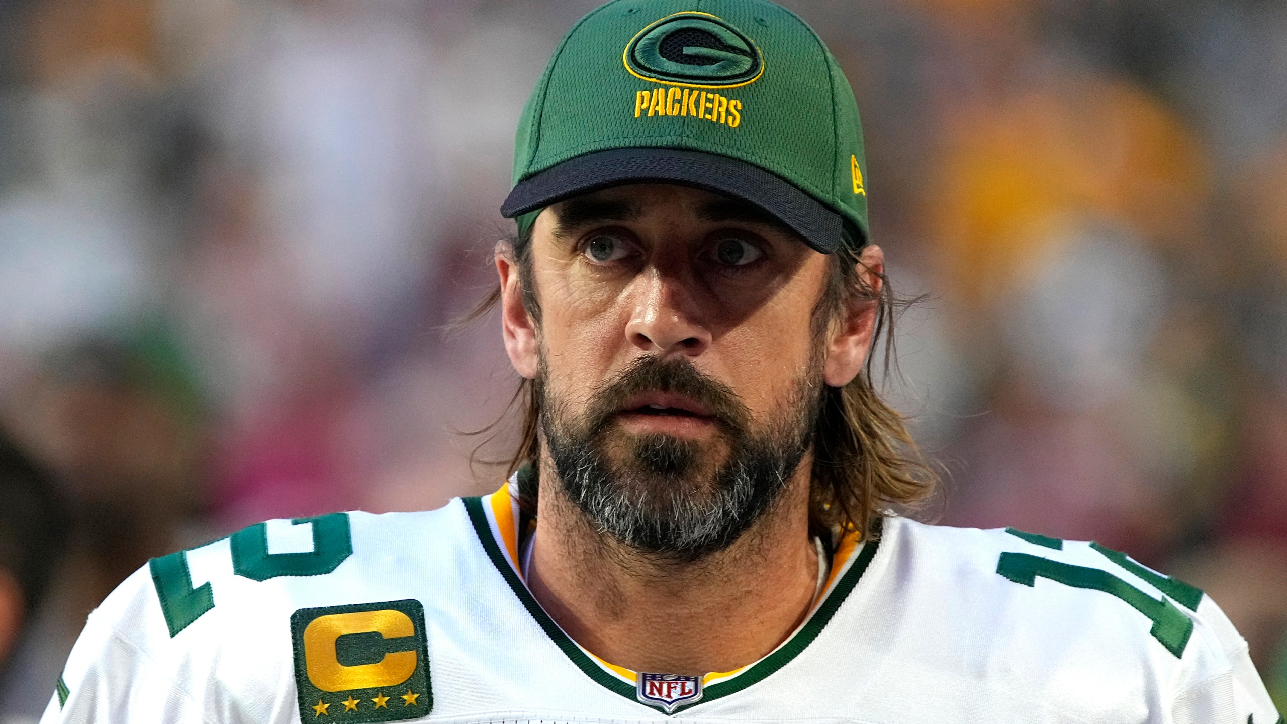 Green Bay Packers quarterback Aaron Rodgers, shown on Oct. 28, 2021, tested positive for COVID-19 after not being vaccinated. (AP Photo/Rick Scuteri)