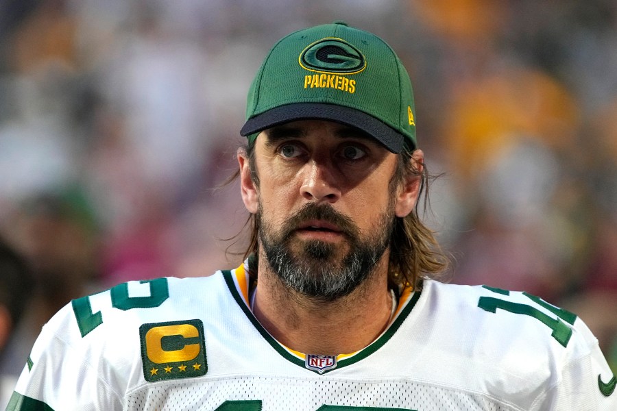 Green Bay Packers quarterback Aaron Rodgers, shown on Oct. 28, 2021, tested positive for COVID-19 after not being vaccinated. (AP Photo/Rick Scuteri)