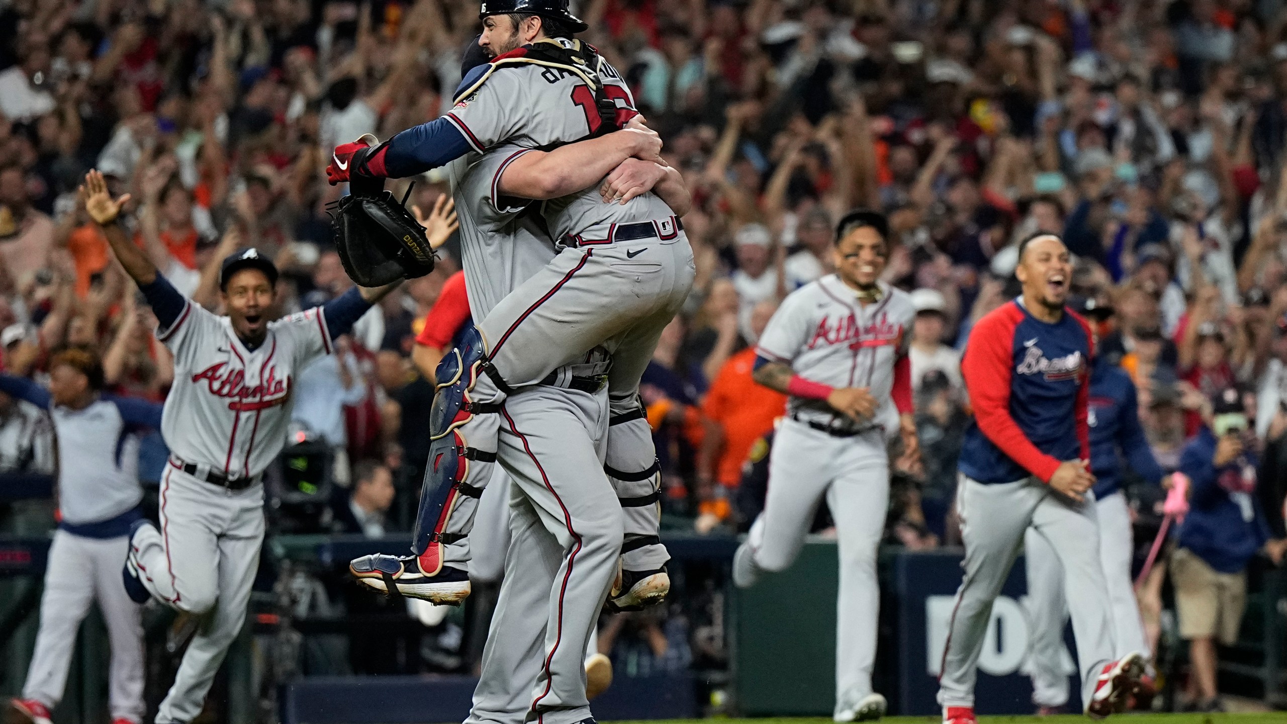 The Atlanta Braves celebrate after winning baseball's World Series in Game 6 against the Houston Astros Tuesday, Nov. 2, 2021, in Houston. The Braves won 7-0. (AP Photo/David J. Phillip)