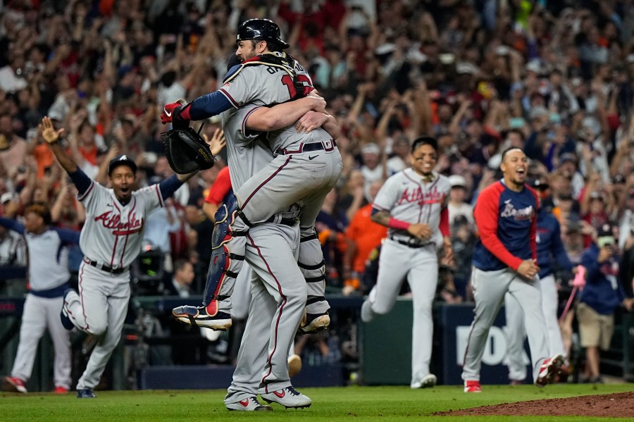 The Atlanta Braves celebrate after winning baseball's World Series in Game 6 against the Houston Astros Tuesday, Nov. 2, 2021, in Houston. The Braves won 7-0. (AP Photo/David J. Phillip)