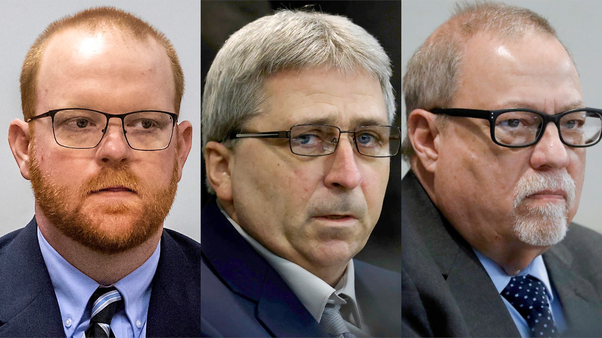 This photo combo shows, from left, Travis McMichael, William "Roddie" Bryan, and Gregory McMichael during their trial at at the Glynn County Courthouse in Brunswick, Ga. Jurors on Wednesday, Nov. 24, 2021 convicted the three white men charged in the death of Ahmaud Arbery, the Black man who was chased and fatally shot while running through their neighborhood in an attack that became part of the larger national reckoning on racial injustice. (Pool, file)