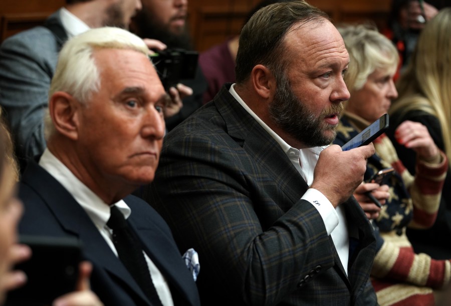 Longtime informal adviser to President Trump Roger Stone and Alex Jones of Infowars attend the testimony of Google CEO Sundar Pichai before the House Judiciary Committee at the Rayburn House Office Building on Dec. 11, 2018. (Alex Wong/Getty Images)