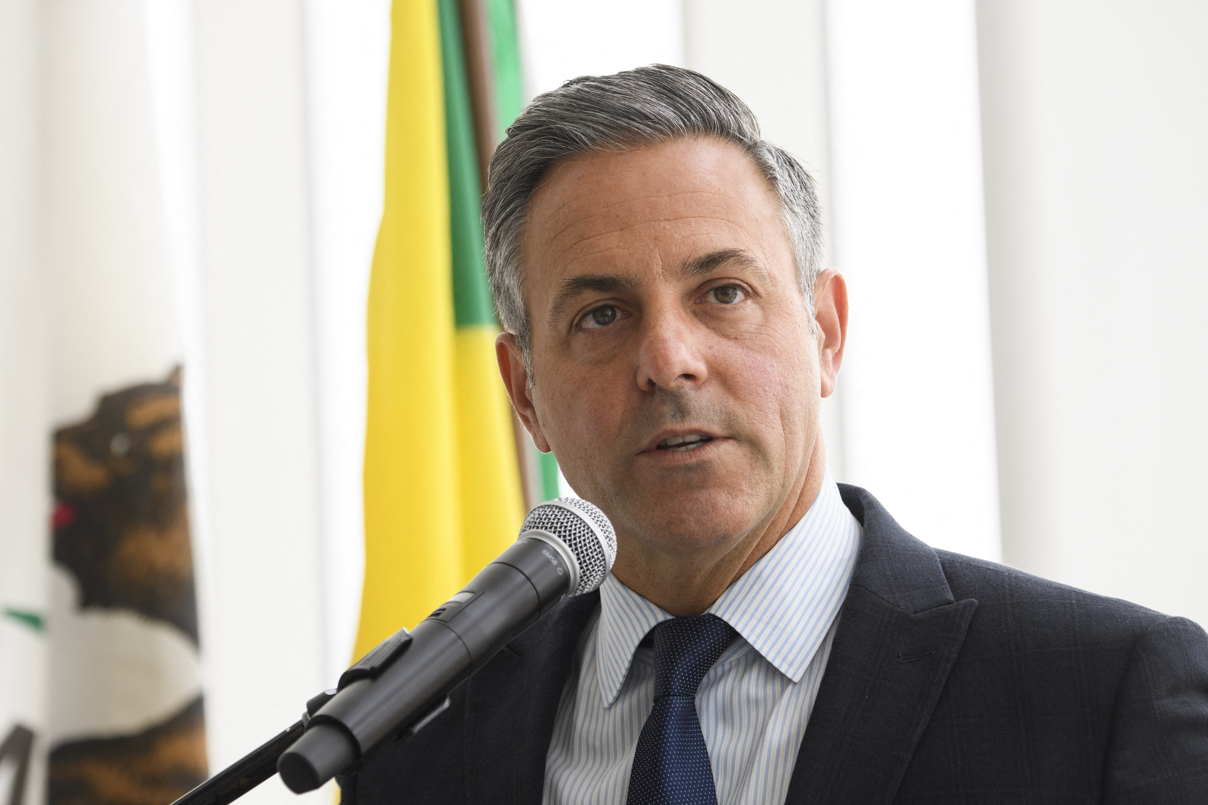 Los Angeles City Council member and mayoral candidate Joe Buscaino speaks at Los Angeles International Airport on June 4, 2021. (PATRICK T. FALLON/AFP via Getty Images)