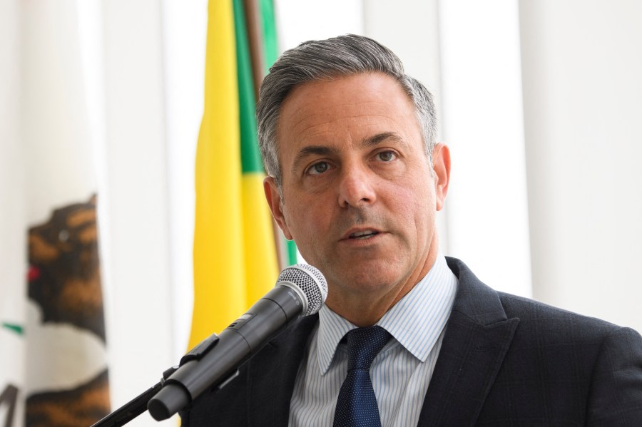 Los Angeles City Council member and mayoral candidate Joe Buscaino speaks at Los Angeles International Airport on June 4, 2021. (PATRICK T. FALLON/AFP via Getty Images)