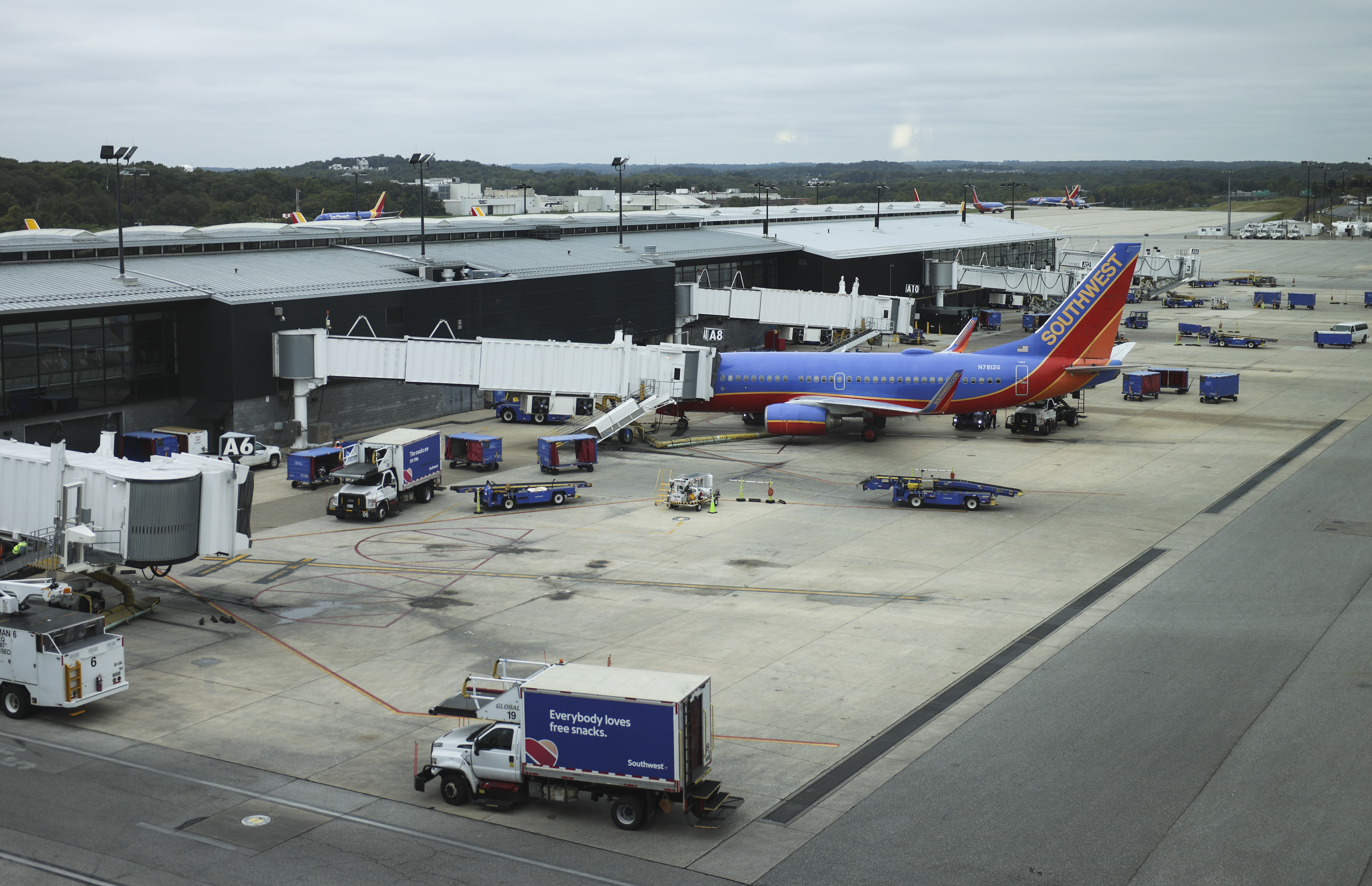 A Southwest Airlines airplane waits at a gate at Baltimore Washington International Thurgood Marshall Airport on Oct. 11, 2021. (Kevin Dietsch/Getty Images)