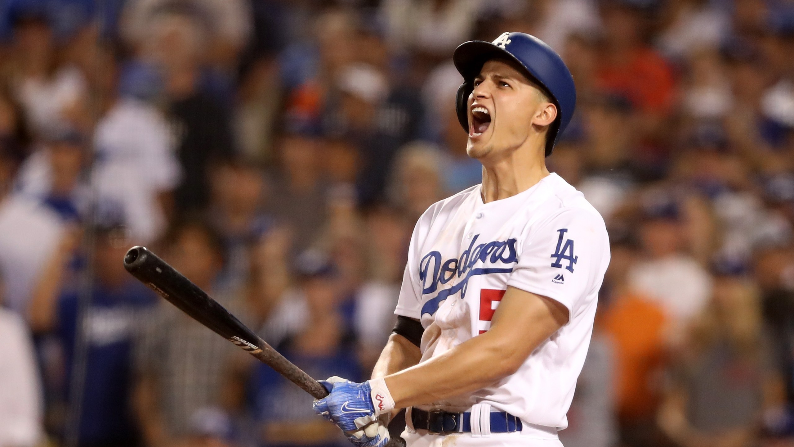 Corey Seager of the Los Angeles Dodgers celebrates after hitting a two-run home run during the sixth inning against the Houston Astros in game two of the 2017 World Series at Dodger Stadium on October 25, 2017 in Los Angeles. (Christian Petersen/Getty Images)